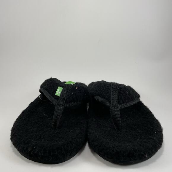 Sanuk Furreal Classic Chill Fuzzy Flip Flops Womens Size 7 Black Sandals Thong - Picture 2 of 9